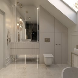 Design by Blonde Agnieszka Buszman - Elegancka łazienka w beżach z wiszącą toaletą i umywalką, oświetlona lampami wiszącymi i światłem dziennym ze świetlika dachowego. Minimalistyczny design.