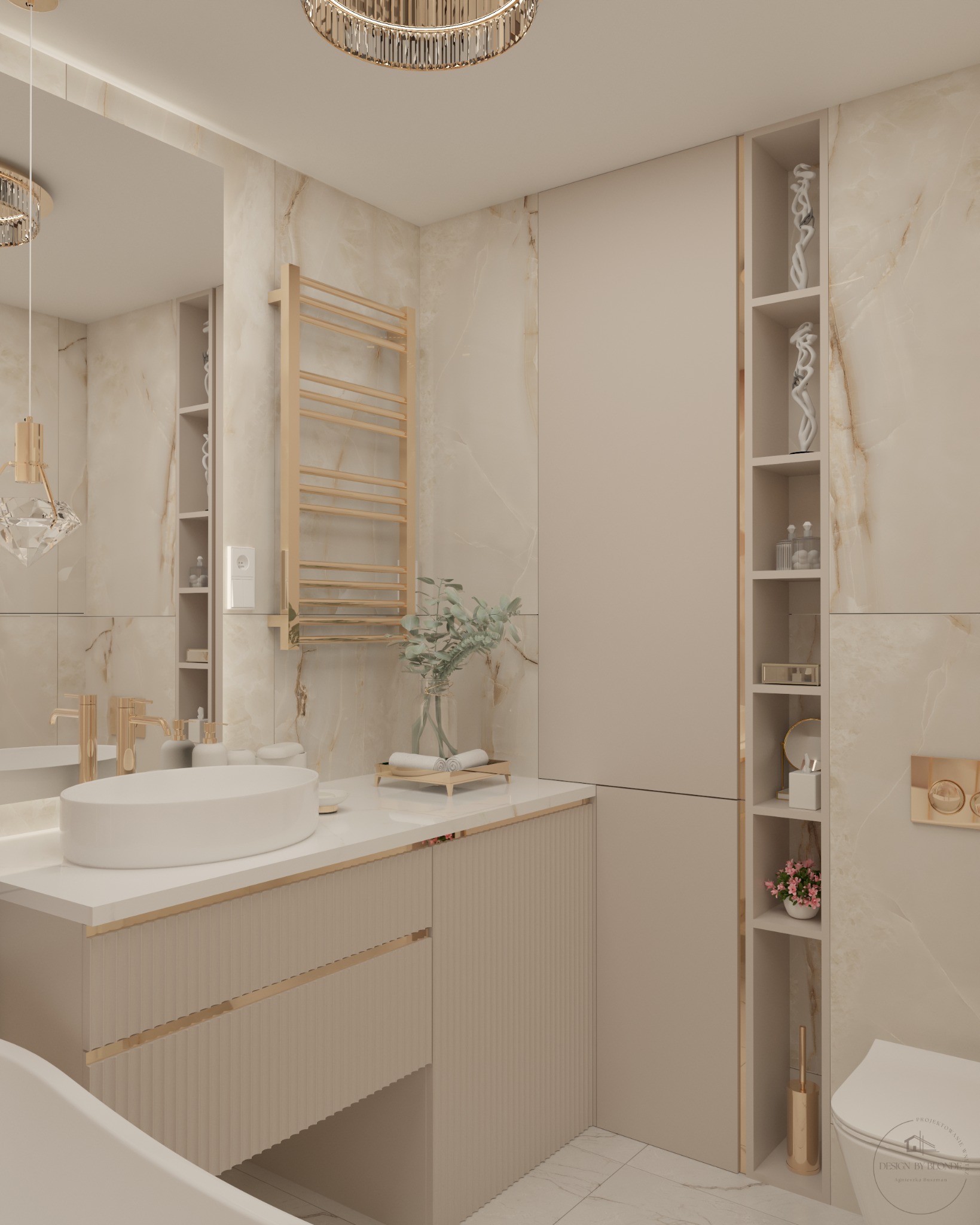 Elegancka łazienka w beżach: marmurowe ściany, owalna umywalka na szafce z frezowanymi frontami, złote akcenty, dekoracyjne półki z bibelotami i kwiatami.