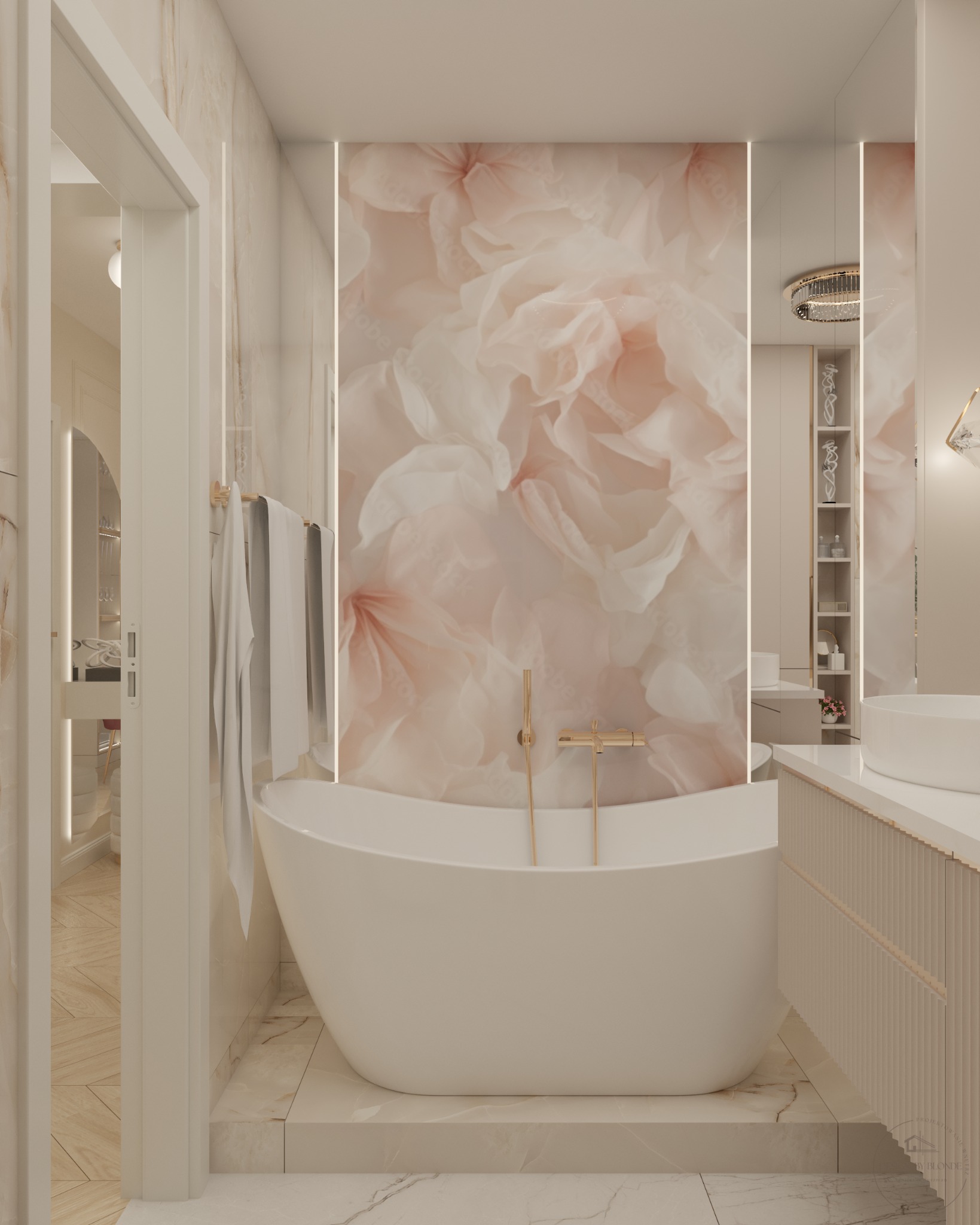 Elegancka łazienka z wanną wolnostojącą na tle ściany z motywem kwiatowym, złota armatura, marmurowe wykończenie i subtelne oświetlenie LED.