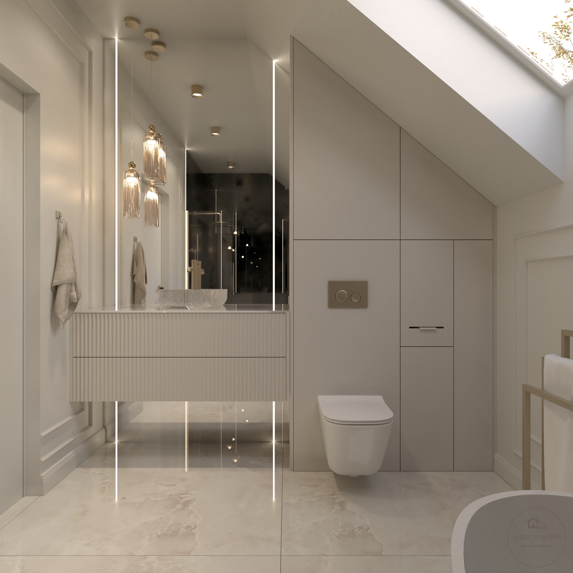 Elegancka łazienka w beżach z wiszącą toaletą i umywalką, oświetlona lampami wiszącymi i światłem dziennym ze świetlika dachowego. Minimalistyczny design.