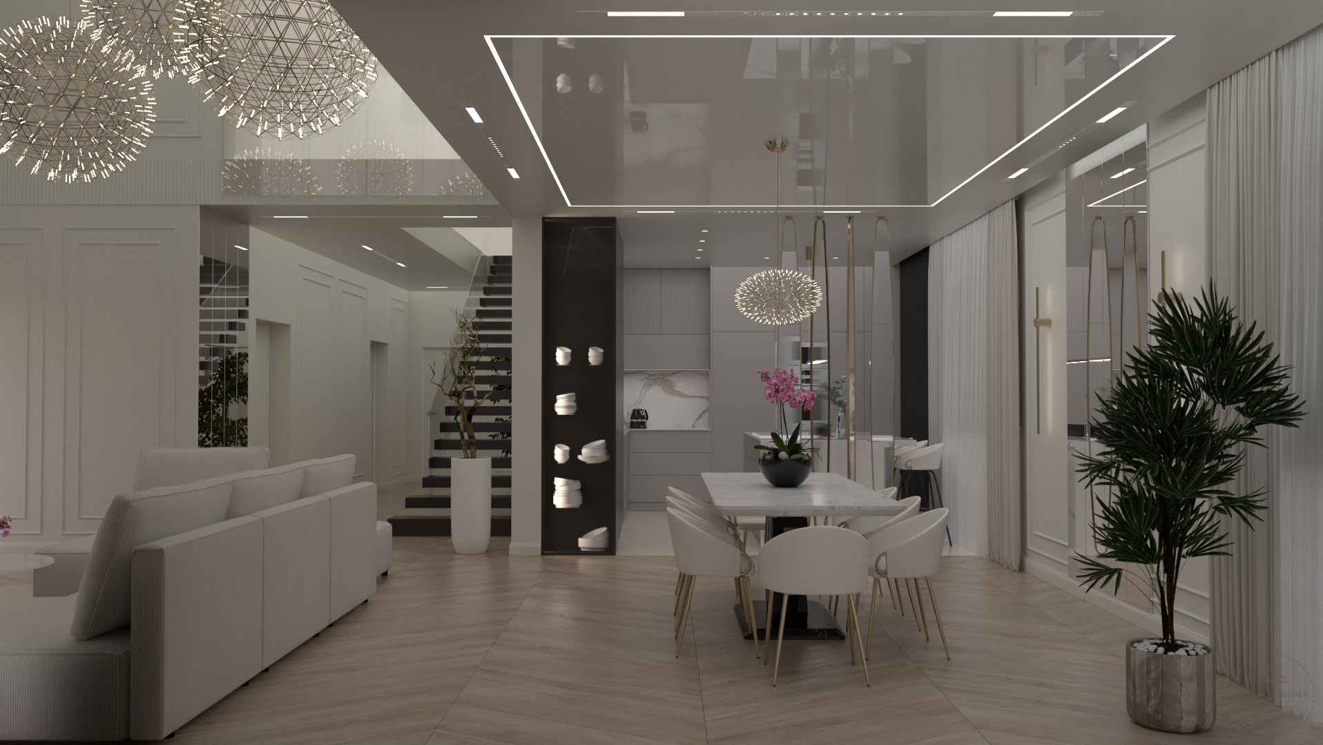 Eleganckie wnętrze domu z otwartą przestrzenią: salon z sofą, jadalnia z marmurowym stołem i kuchnia w szarościach. Schody z dekoracjami, nowoczesne oświetlenie.