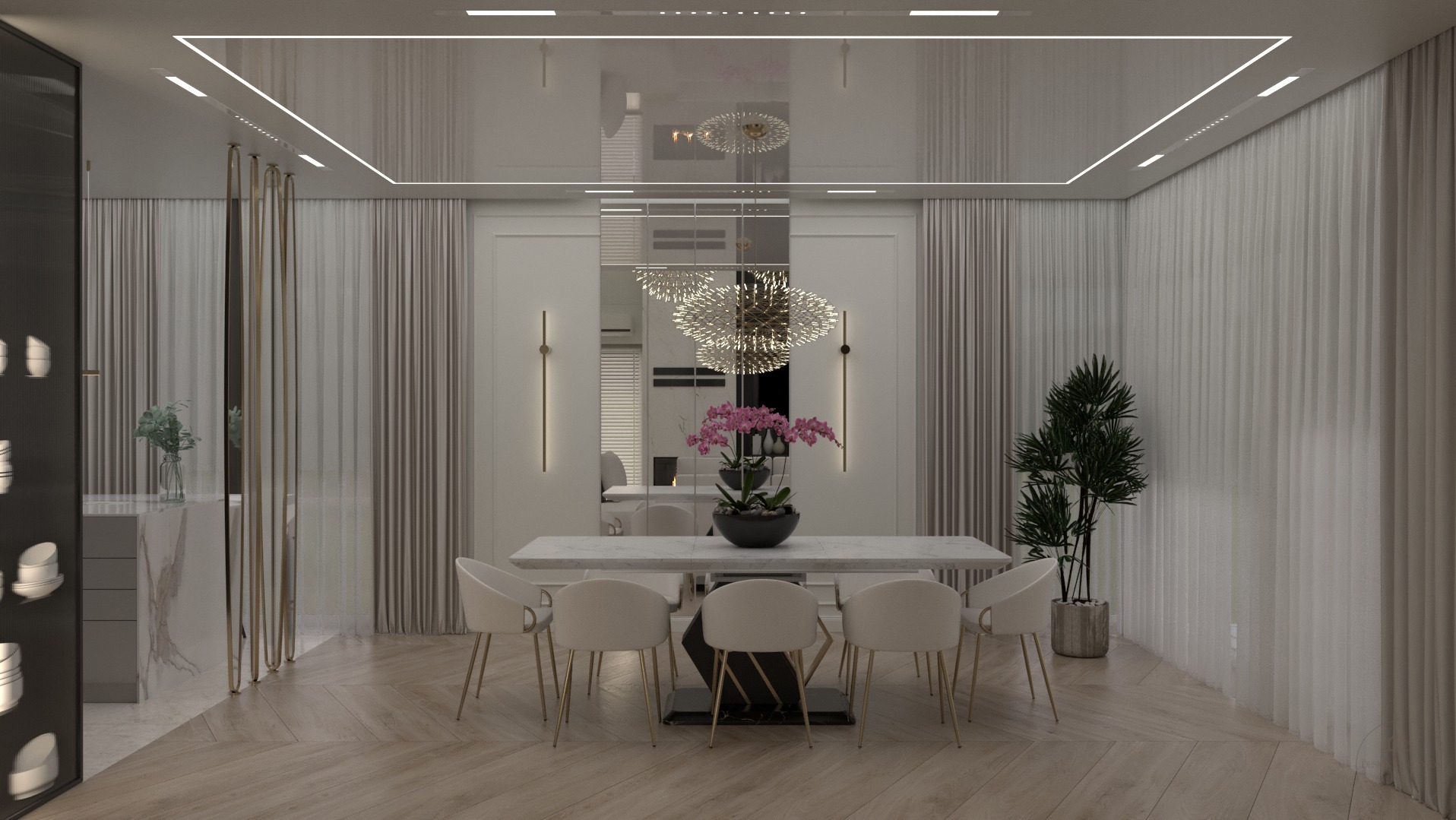 Elegancka jadalnia w jasnych barwach z marmurowym stołem, kwiatami i designerską lampą. Parkiet w jodełkę i wysoki połysk sufitu dodają luksusu.