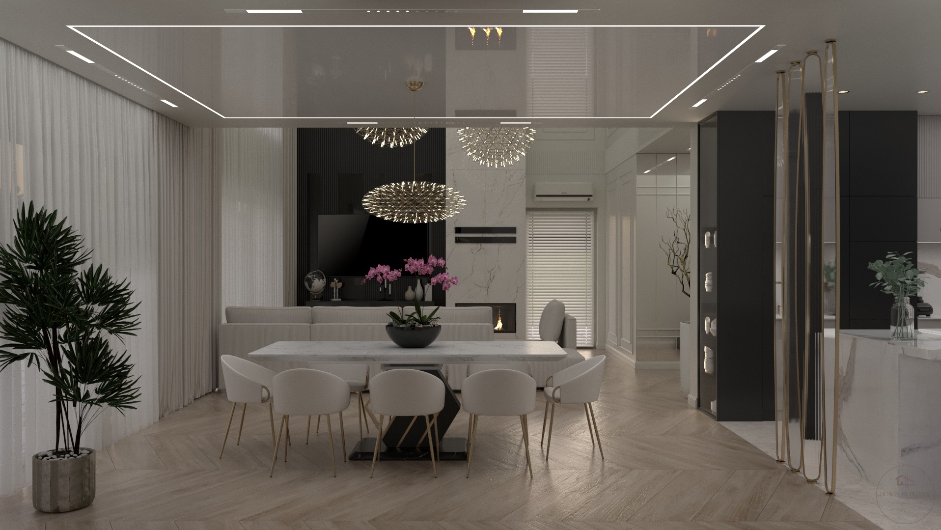 Elegancka jadalnia w nowoczesnym stylu: marmurowy stół, białe krzesła, designerskie lampy i parkiet w jodełkę. Roślina doniczkowa dodaje naturalnego akcentu.