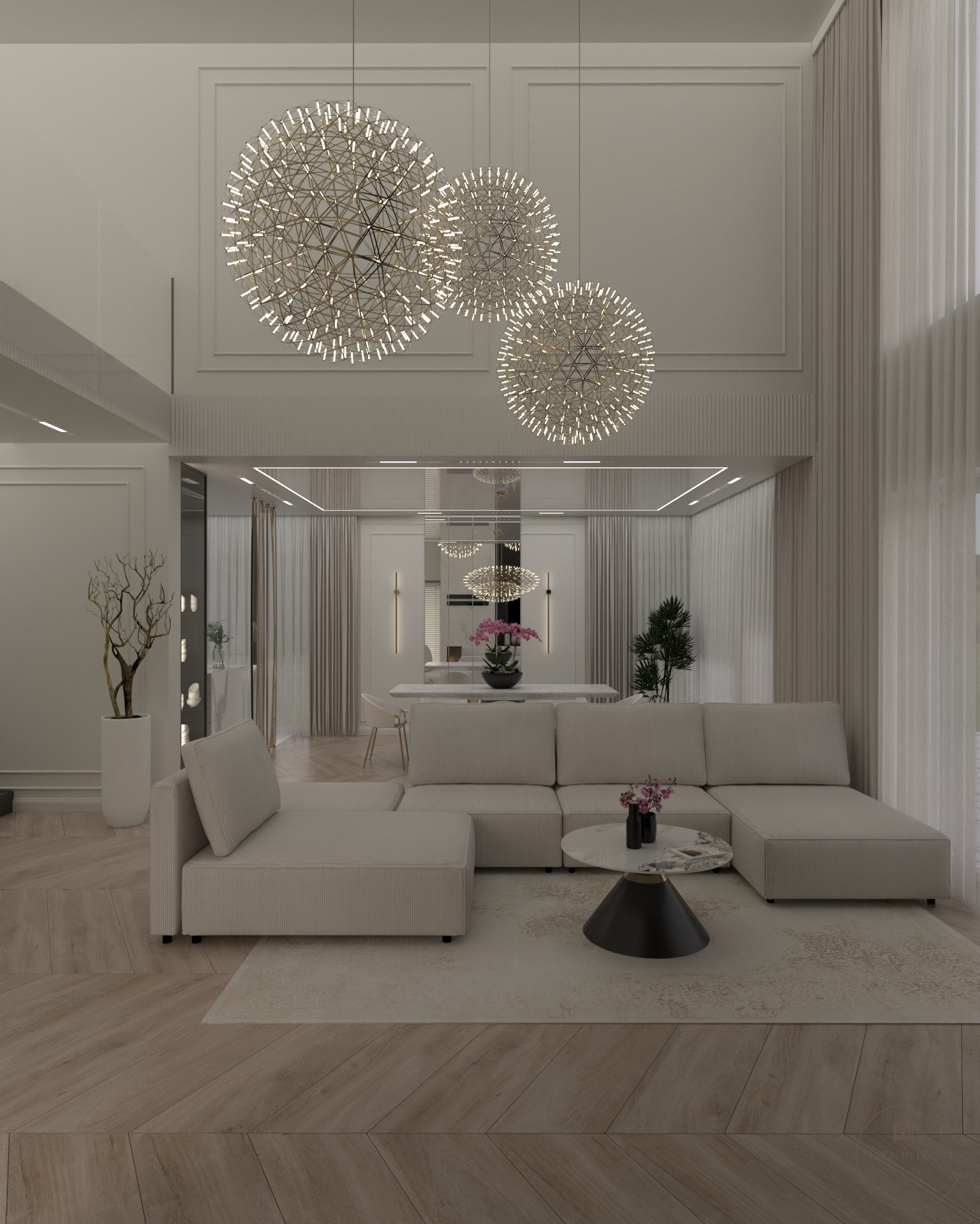 Jasne wnętrze salonu z beżową sofą narożną, okrągłym stolikiem kawowym i trzema kulistymi lampami. Parkiet ułożony w jodełkę, duże okno z zasłonami.