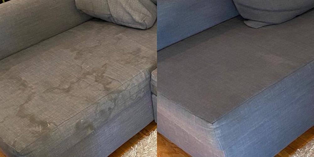 Sofa modułowa przed i po czyszczeniu. Widoczne plamy na siedzisku przed zabiegiem, całkowicie usunięte po. Jasnoszara tapicerka, miękki dywan w tle.