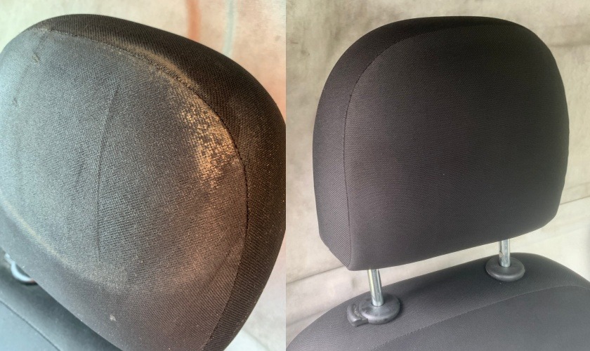 Tapicerka zagłówka samochodowego przed i po praniu. Widoczna wyraźna różnica w czystości materiału, z ciemnej, zabrudzonej tkaniny do czystej, jednolitej czerni.