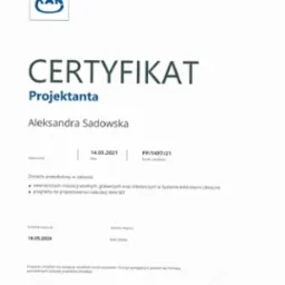 Certyfikat projektanta instalacji (KAN) dla Aleksandry Sadowskiej, ważny do 14.05.2024. Szkolenie obejmuje instalacje wodne, grzewcze, chłodnicze i program KAN SET.