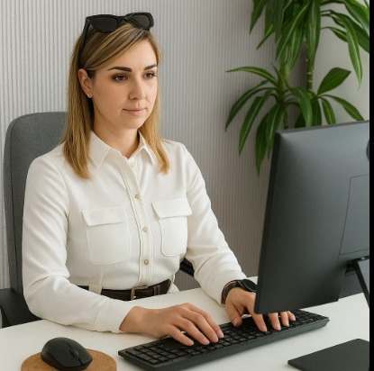 Kobieta w białej koszuli pracuje przy komputerze; na głowie ma okulary przeciwsłoneczne, a na nadgarstku zegarek. W tle widać zieloną roślinę.