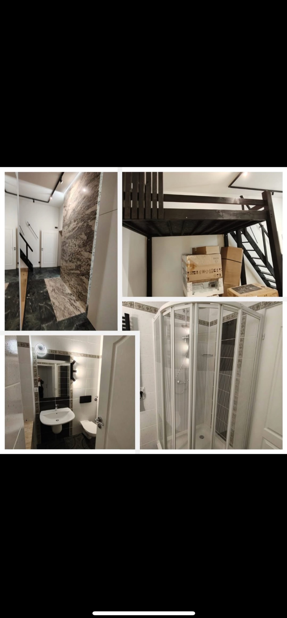 Kolaż wnętrz: hall z marmurową ścianą, pokój z antresolą i kartonami, łazienka z kabiną prysznicową. Mieszkanie po remoncie, gotowe do zamieszkania.