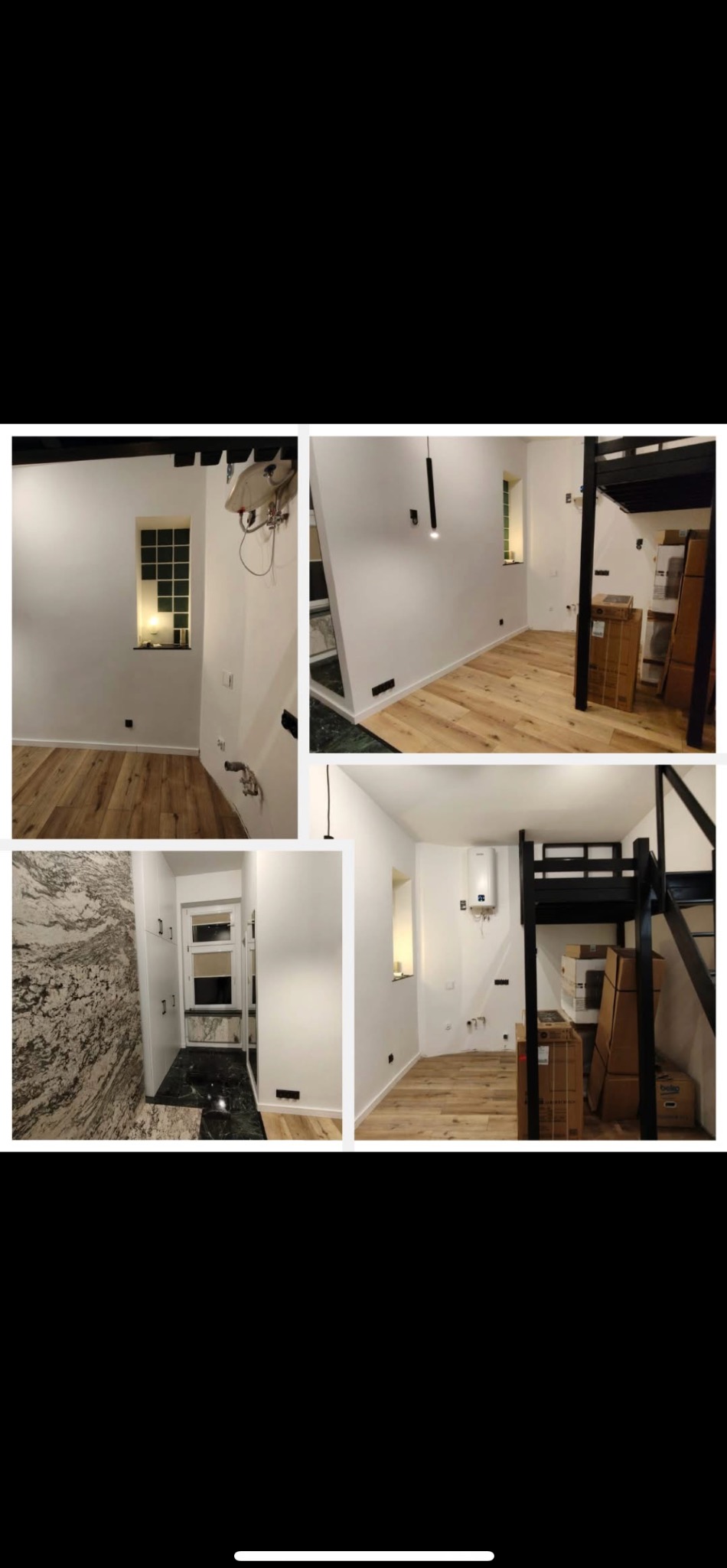 Montaż podłogi i wykończenie ścian w nowym mieszkaniu. Widoczne nowe panele, gładzie i elementy instalacji. Fragment łazienki z marmurową ścianą i podłogą.