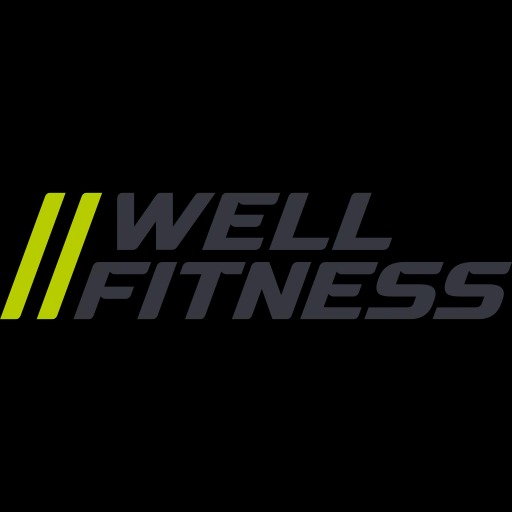 Logo 'Well Fitness' na czarnym tle, z dwoma limonkowymi paskami po lewej stronie. Napis w odcieniach szarości, nowoczesna czcionka.
