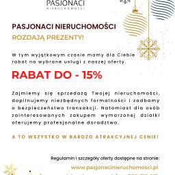 Pióropisz Social Media & Copywriting Marta Szulc - Świąteczny plakat reklamowy agencji nieruchomości 'Pasjonaci Nieruchomości' z informacją o rabacie do 15% na wybrane usługi. Grafika z motywami świątecznymi.