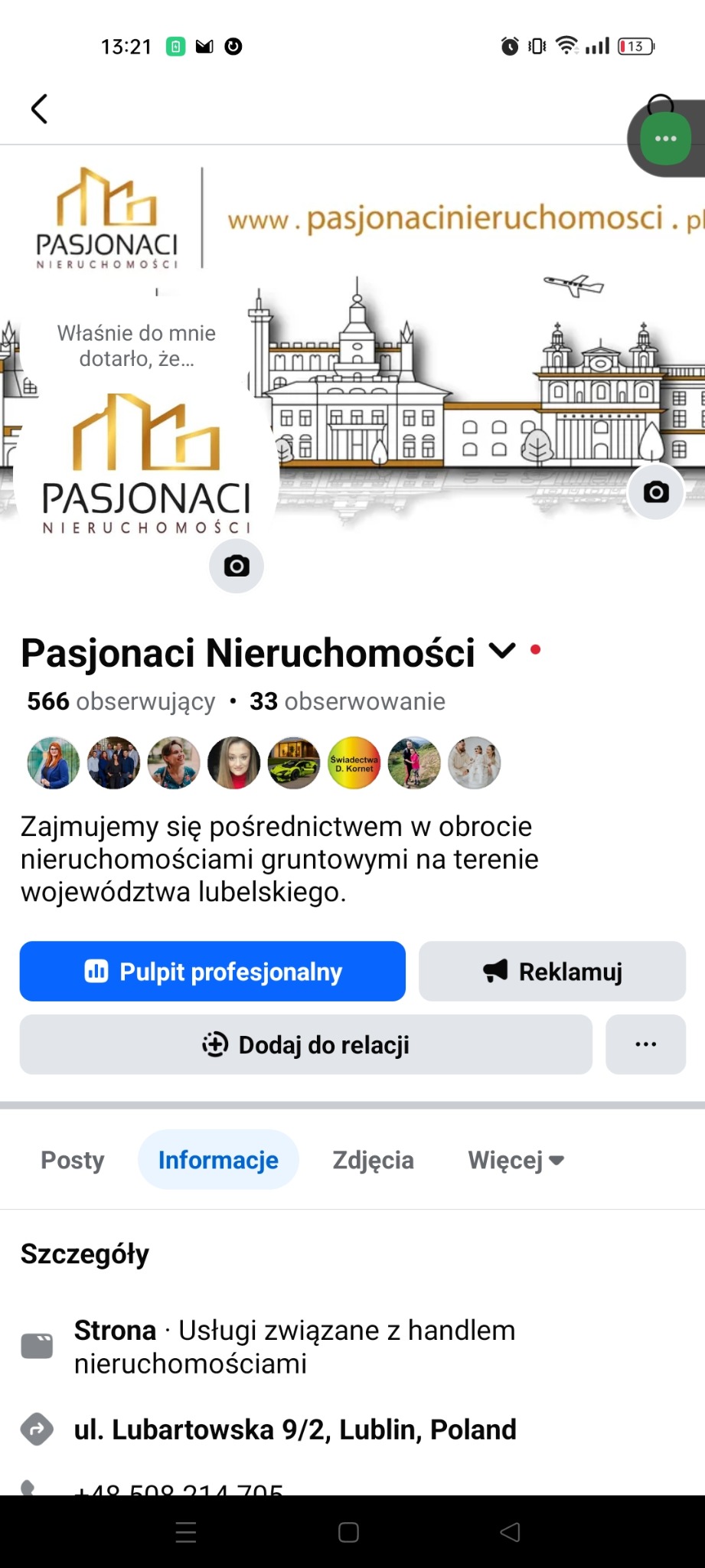 Profil firmy Pasjonaci Nieruchomości na Facebooku. Logo firmy, adres strony internetowej, grafika z budynkami, informacje o liczbie obserwujących i opis działalności.
