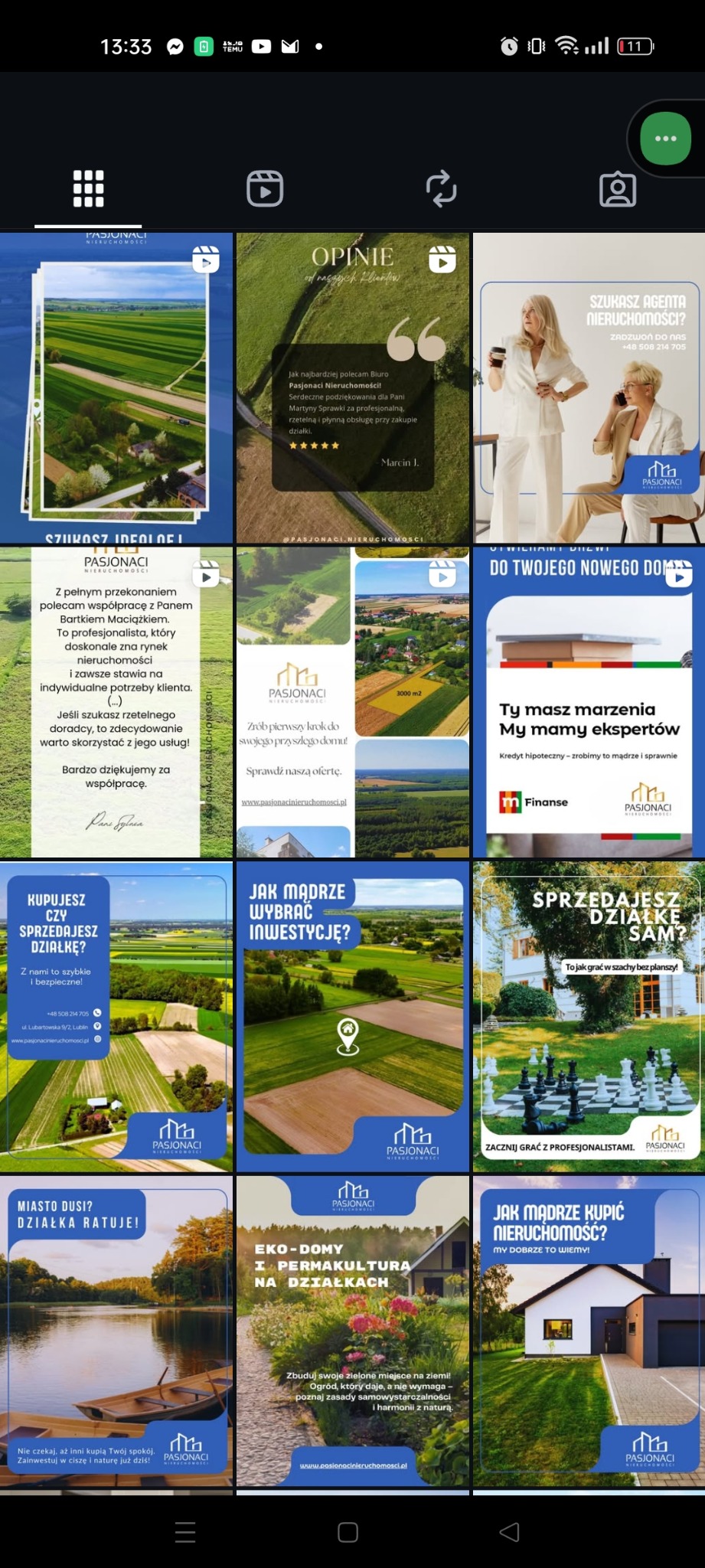 Kafelki z postami z Instagrama biura nieruchomości Pasjonaci. Opinie klientów, oferty działek, domów ekologicznych i porady inwestycyjne w spójnej identyfikacji wizualnej.