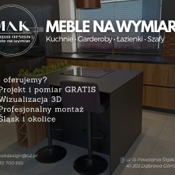MAK Studio Design – meble na wymiar Śląsk.
Projektujemy i montujemy kuchnie, szafy, garderoby i zabudowy. Oferujemy projekt i pomiar GRATIS, wizualizację 3D oraz profesjonalny montaż.
Działamy na terenie Dąbrowy Górniczej, Katowic, Zawiercia i okolic.
