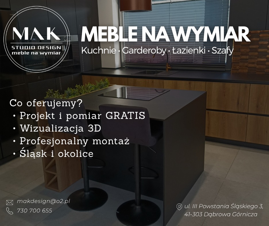 Wizualizacja kuchni na wymiar z wyspą, z blatem z roślinami, nowoczesne krzesła barowe, czarne fronty i drewniane akcenty. Reklama firmy MAK Studio Design.