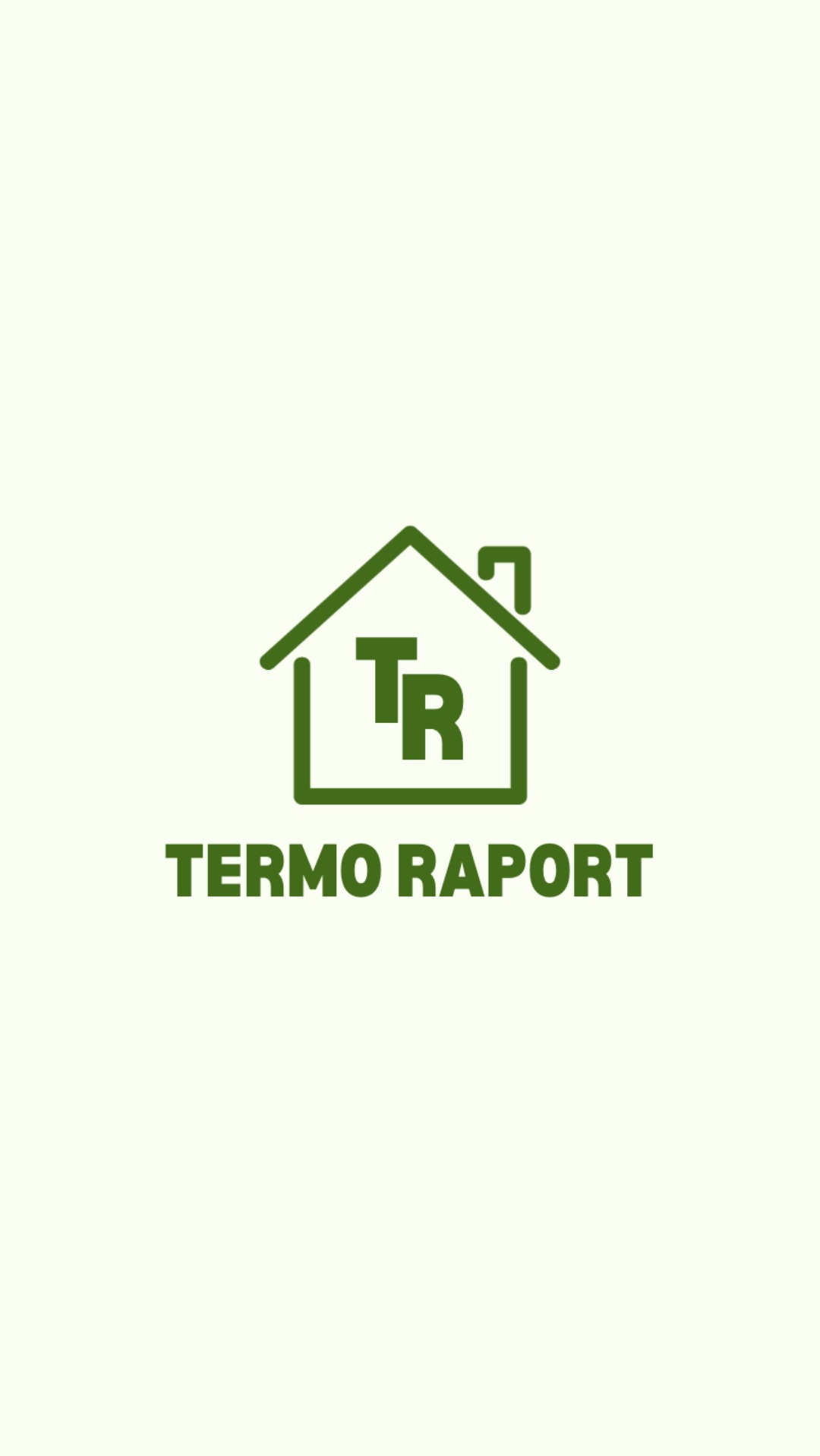 Zielone logo firmy Termo Raport z symbolem domu. Minimalistyczny design na jasnym tle, promujący usługi związane z audytem energetycznym budynków.