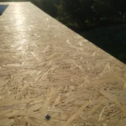 Płyta OSB na dachu w słoneczny dzień, widoczny fragment lasu w tle. Na płycie widoczny pojedynczy wkręt mocujący. Układanie poszycia dachowego.