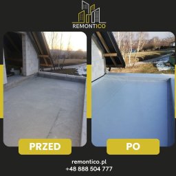 Remontico - Zdjęcie dachu przed i po remoncie, prezentujące stan surowy z pustaków oraz efekt hydroizolacji z gładką, szarą powierzchnią. Widok na otoczenie z drzewami.