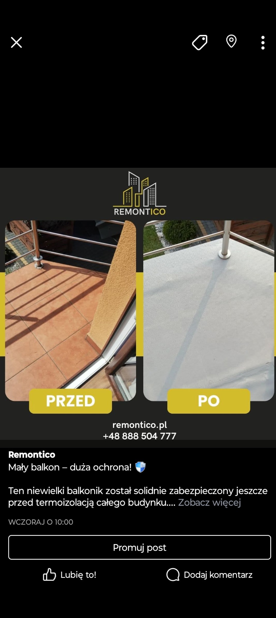 Zdjęcie balkonu przed i po zabezpieczeniu. Po lewej stronie płytki, po prawej szara, zabezpieczona powierzchnia. Widoczne logo firmy Remontico.