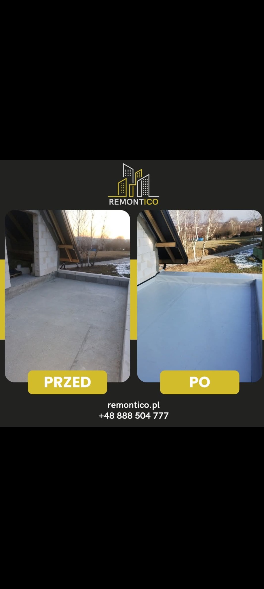 Zdjęcie dachu przed i po remoncie, prezentujące stan surowy z pustaków oraz efekt hydroizolacji z gładką, szarą powierzchnią. Widok na otoczenie z drzewami.