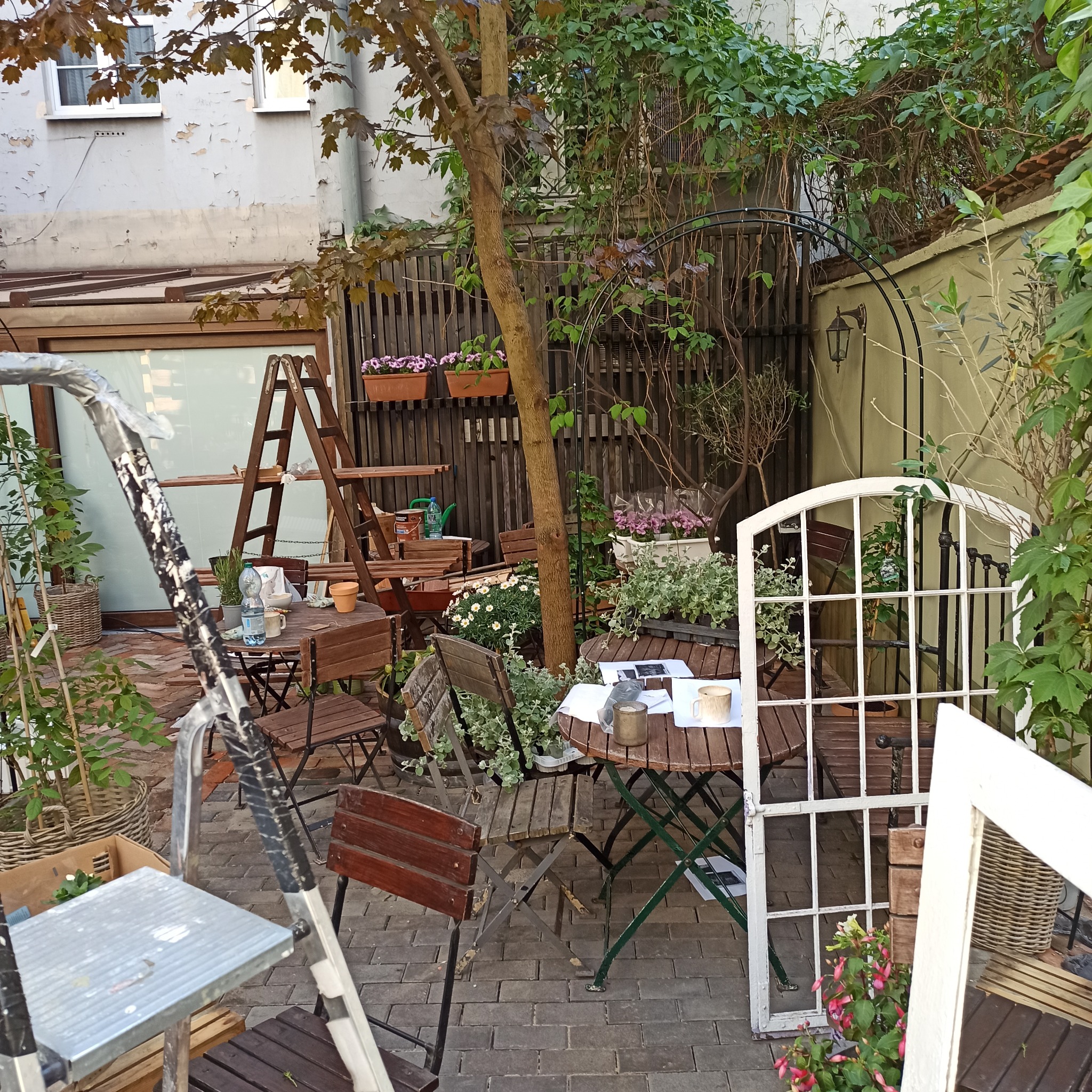 Przytulny, zacieniony ogród z drewnianymi meblami ogrodowymi, drabiny malarskie, rośliny w donicach i dekoracyjne elementy architektoniczne.