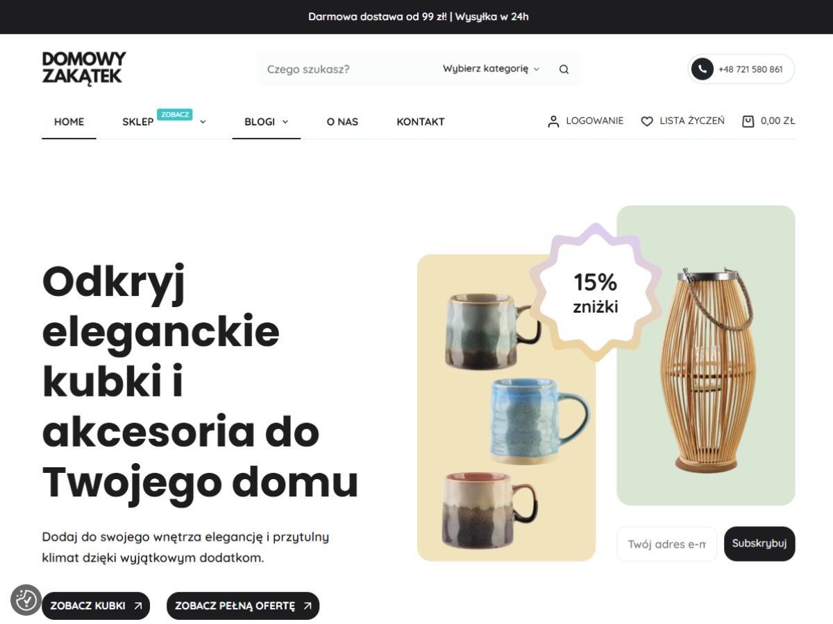 Strona internetowa sklepu z akcesoriami do domu: kubki w różnych kolorach i lampion z bambusa z ofertą 15% zniżki. Minimalistyczny design, stonowana kolorystyka.
