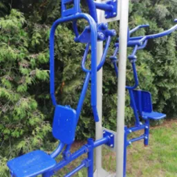 Kompleksowe, niebieskie urządzenie do ćwiczeń na świeżym powietrzu, z dwoma stanowiskami, na tle zielonych drzew i trawy. Metalowa konstrukcja z siedziskami.