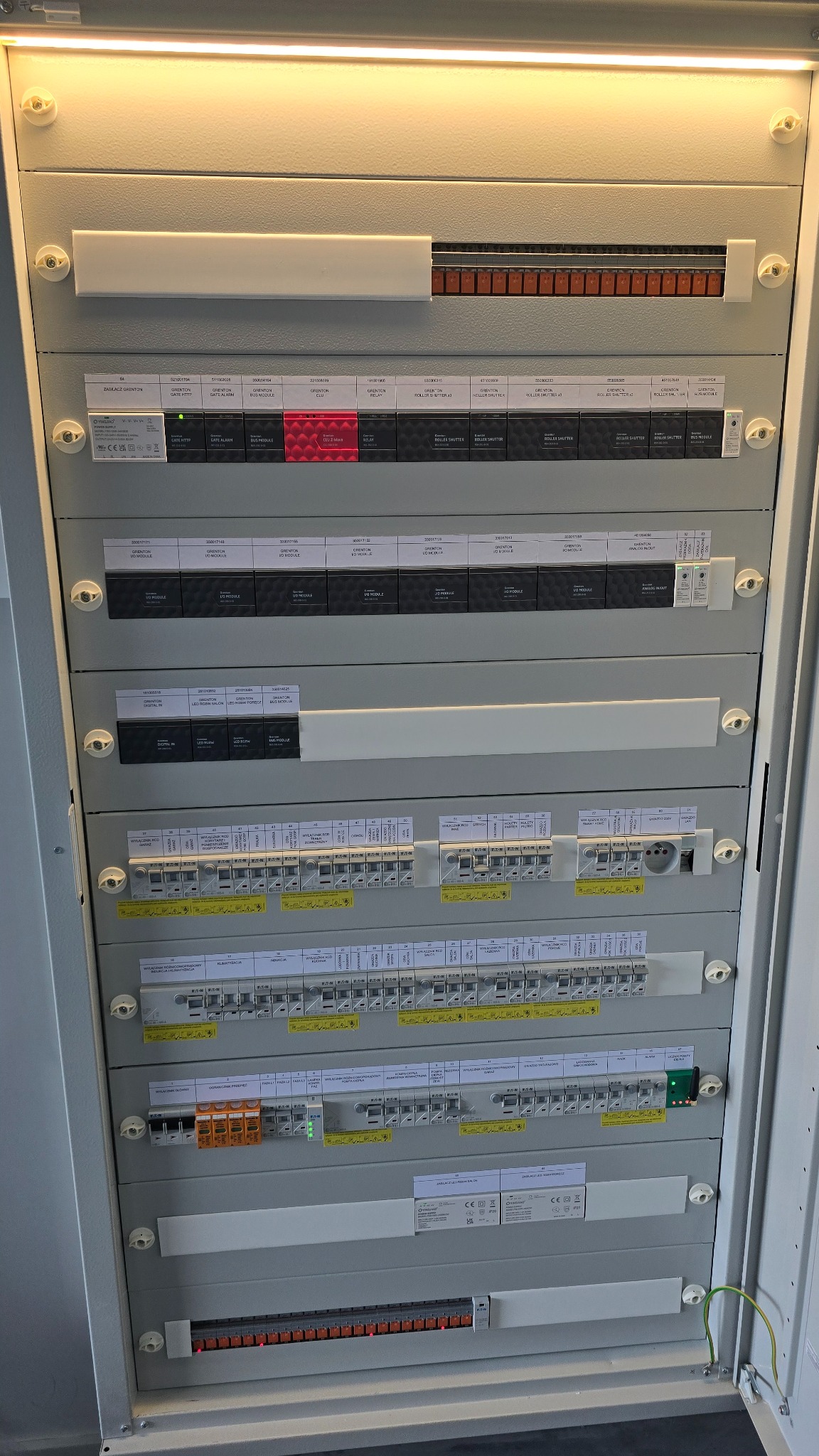 Szara szafa sterownicza z modułami, bezpiecznikami i okablowaniem. Widoczne etykiety opisujące poszczególne elementy. Oświetlenie LED w górnej części szafy.