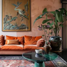 Salon z pomarańczową sofą, okrągłym stolikiem z zielonym blatem i orientalnym dywanem. Na ścianie obraz w stylu azjatyckim i duża roślina doniczkowa.