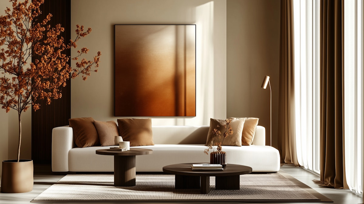 Beżowe wnętrze z kremową sofą, drewnianymi stolikami i brązowymi akcentami: poduszki, zasłony, obraz. Minimalistyczny design z rośliną w doniczce.