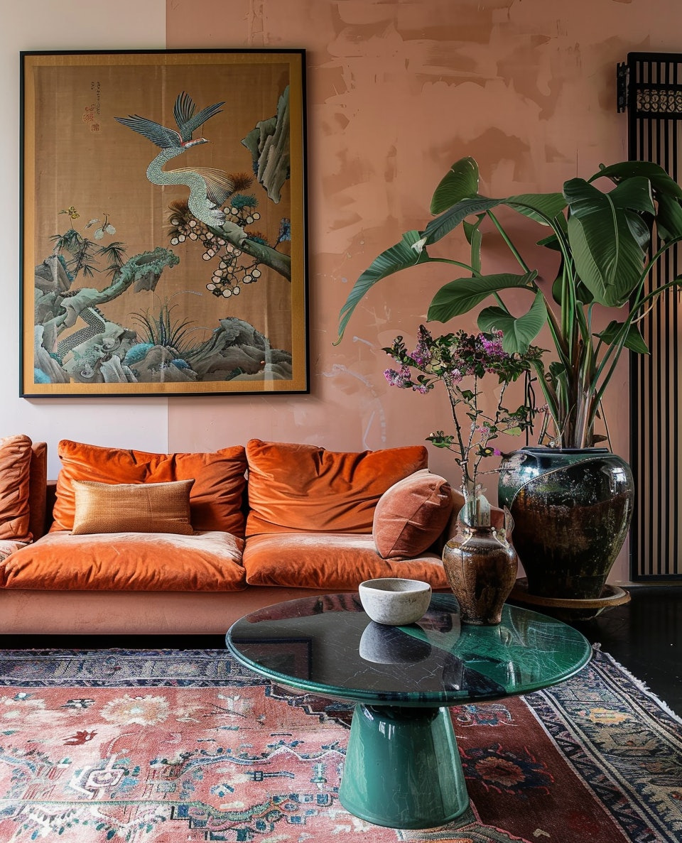 Salon z pomarańczową sofą, okrągłym stolikiem z zielonym blatem i orientalnym dywanem. Na ścianie obraz w stylu azjatyckim i duża roślina doniczkowa.
