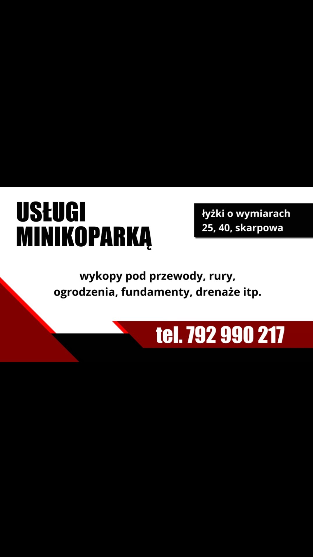 Usługi minikoparką: wykopy pod przewody, rury, ogrodzenia, fundamenty, drenaże. Łyżki o wymiarach 25, 40, skarpowa. Kontakt: tel. 792 990 217.