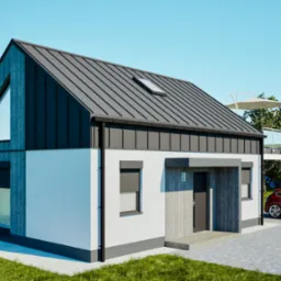 Nowoczesny dom z dwuspadowym dachem i lukarną, obłożony drewnem i białym tynkiem. W tle taras z parasolem i czerwony samochód na brukowanym podjeździe.