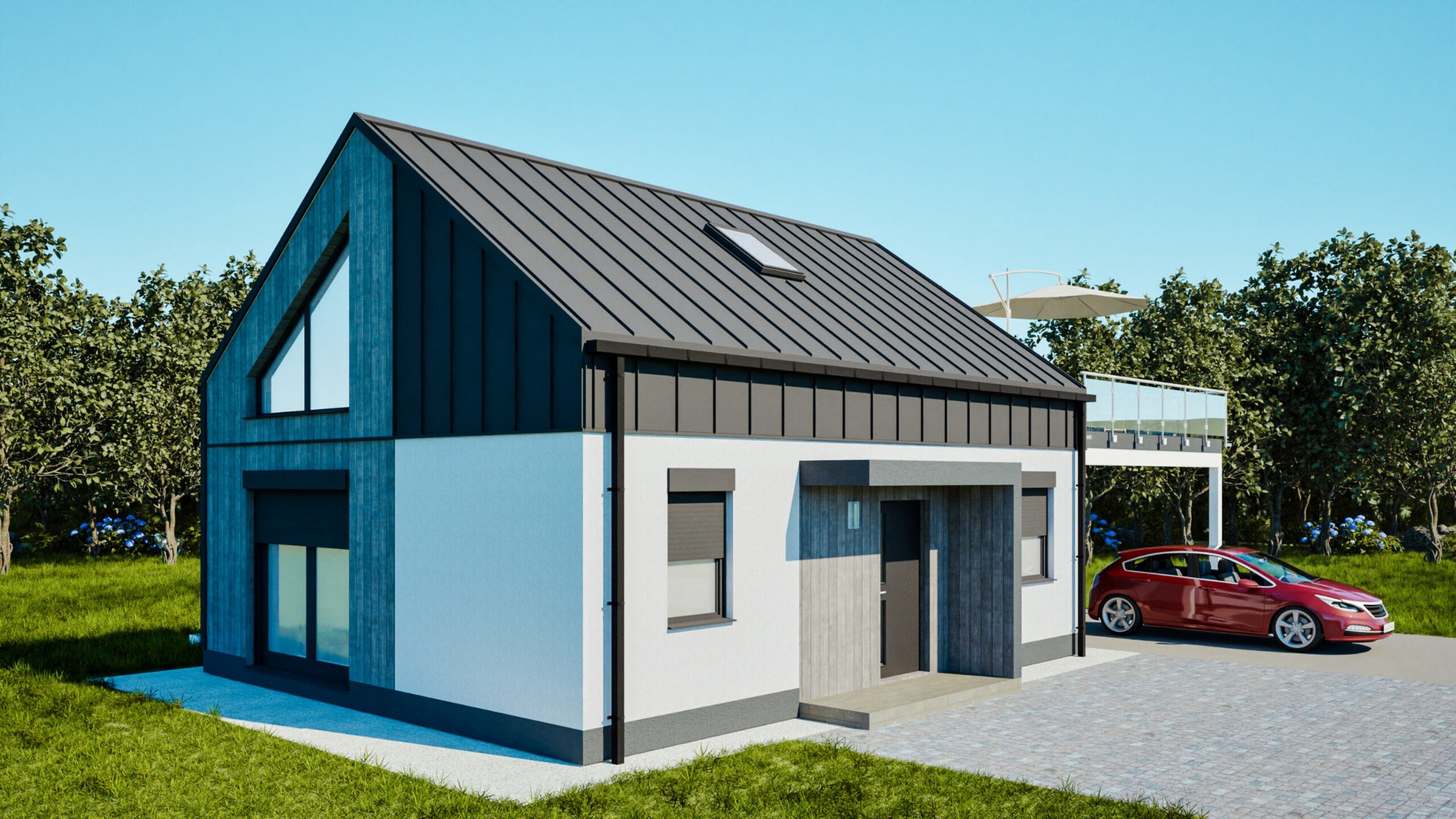 Nowoczesny dom z dwuspadowym dachem i lukarną, obłożony drewnem i białym tynkiem. W tle taras z parasolem i czerwony samochód na brukowanym podjeździe.