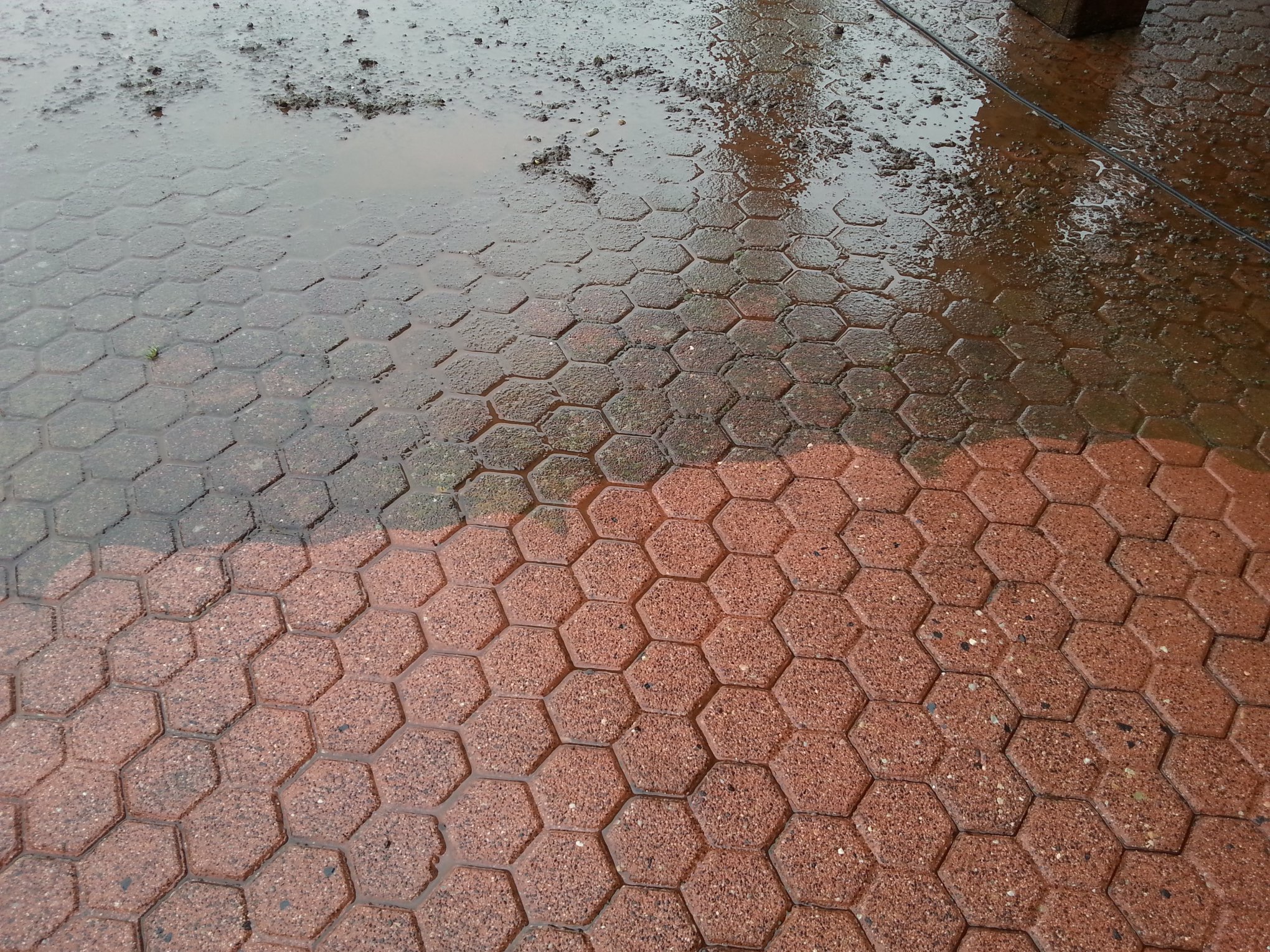 Częściowo umyta, czerwona kostka brukowa o heksagonalnym wzorze, mokra od wody. Widoczna różnica w czystości między umytą a brudną powierzchnią.
