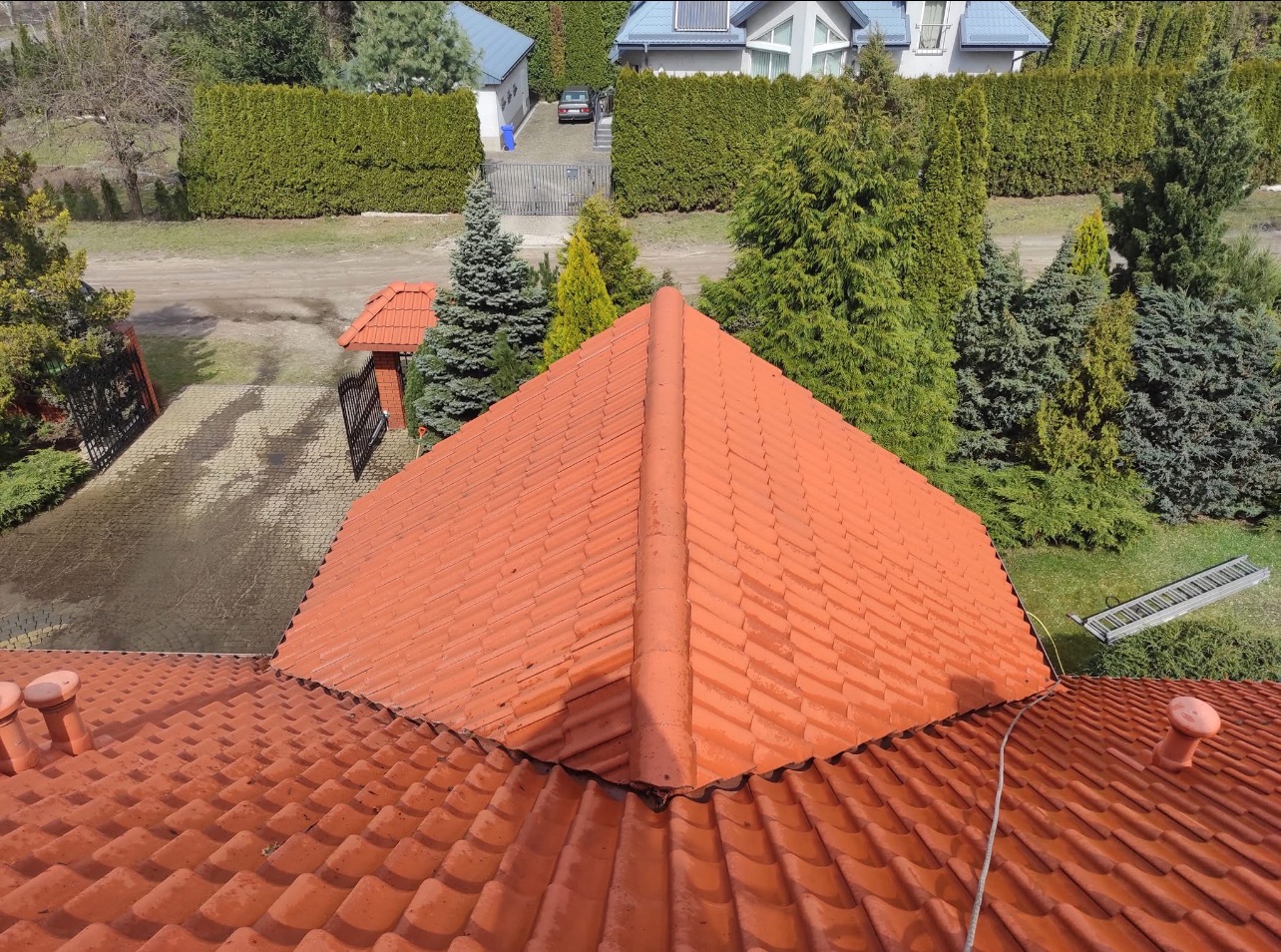 Czerwony dach z dachówki ceramicznej widziany z góry, zarośnięte otoczenie i drabina oparta o dach. Ukazane efekty czyszczenia, z widoczną różnicą w czystości.