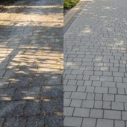Firma Usługowo-Handlowa MK Clean Pressure Mariusz Kopala - Kostka brukowa przed i po czyszczeniu, widoczne kontrasty zabrudzeń i efekt odnowienia, zieleń w tle. Prawa strona czysta, lewa pokryta mchem i zabrudzeniami.