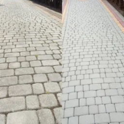 Efekt przed i po czyszczenia kostki brukowej na posesji z ozdobnymi krzewami. Lewa strona zabrudzona, prawa czysta, ukazująca różnicę po usłudze.