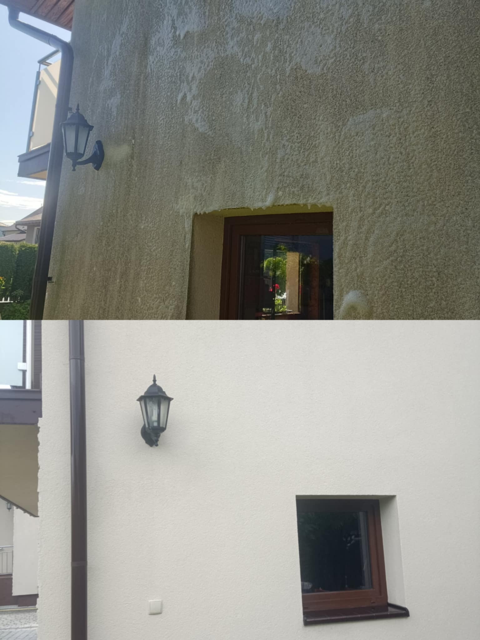 Zdjęcie elewacji domu w układzie 'przed i po' myciu. Górna część brudna, dolna czysta, z lampą i oknem. Widoczne różnice w kolorze i czystości tynku.