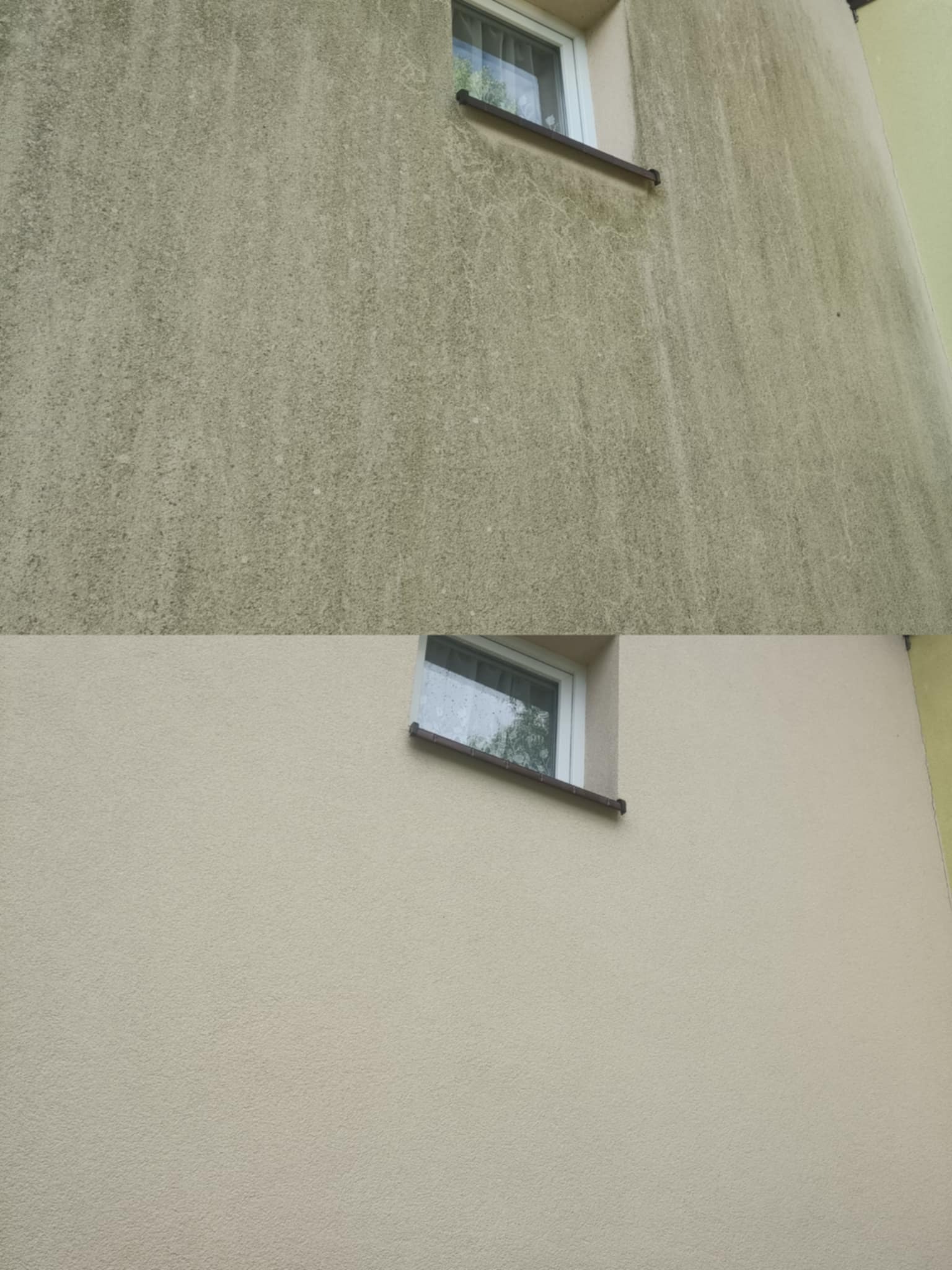 Elewacja budynku przed i po czyszczeniu, widoczne różnice w kolorze i usunięte zabrudzenia. Okno z białą ramą w kadrze.