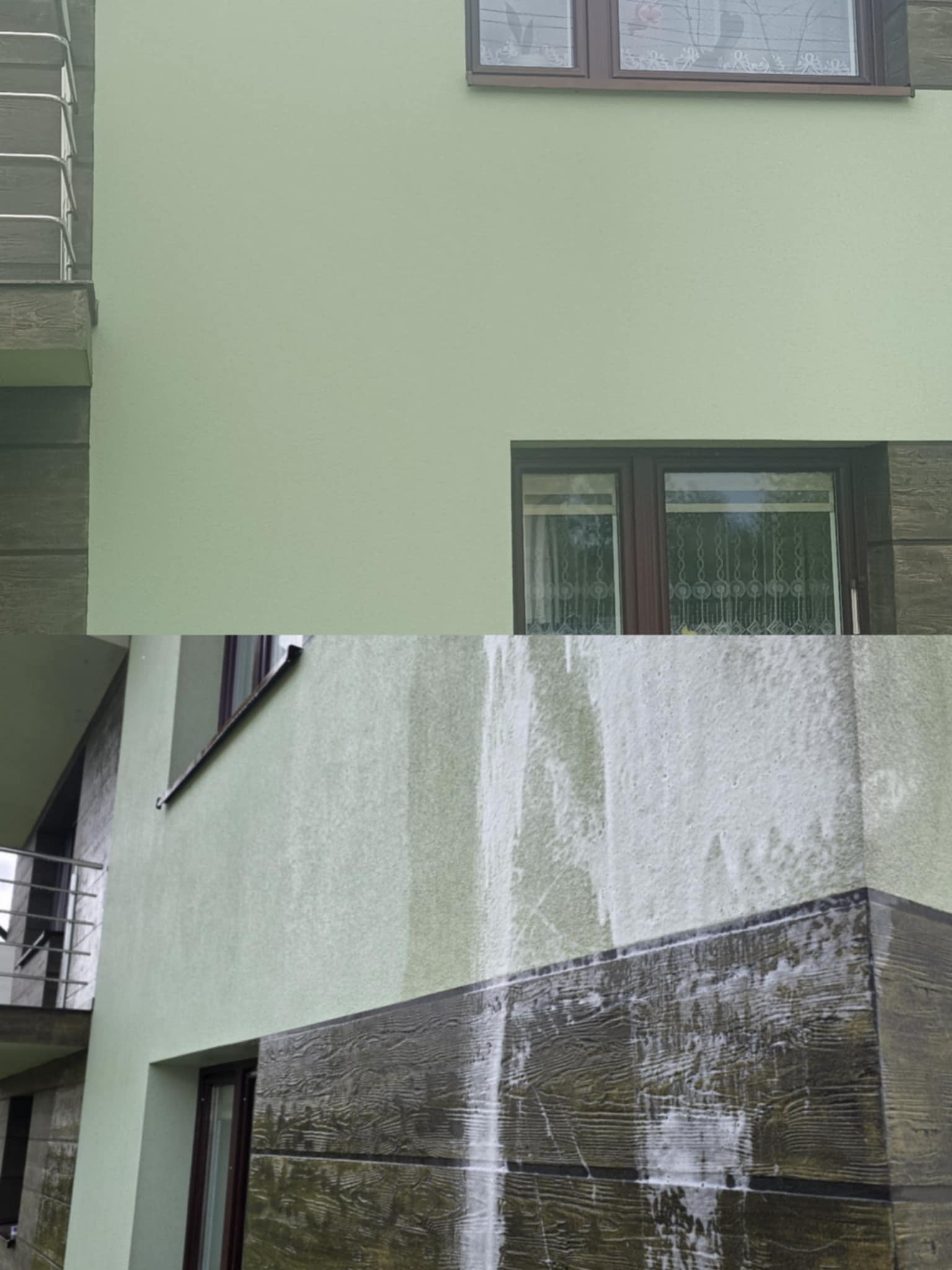 Fragment elewacji budynku w trakcie czyszczenia. Widoczne zacieki wody spływające po ścianie, kontrastujące z czystą, górną częścią elewacji.