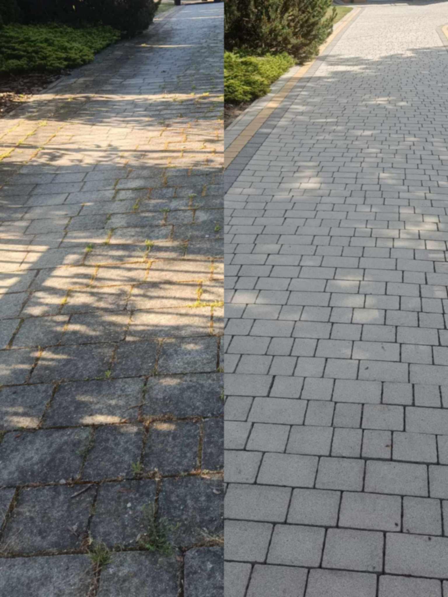 Kostka brukowa przed i po czyszczeniu, widoczne kontrasty zabrudzeń i efekt odnowienia, zieleń w tle. Prawa strona czysta, lewa pokryta mchem i zabrudzeniami.