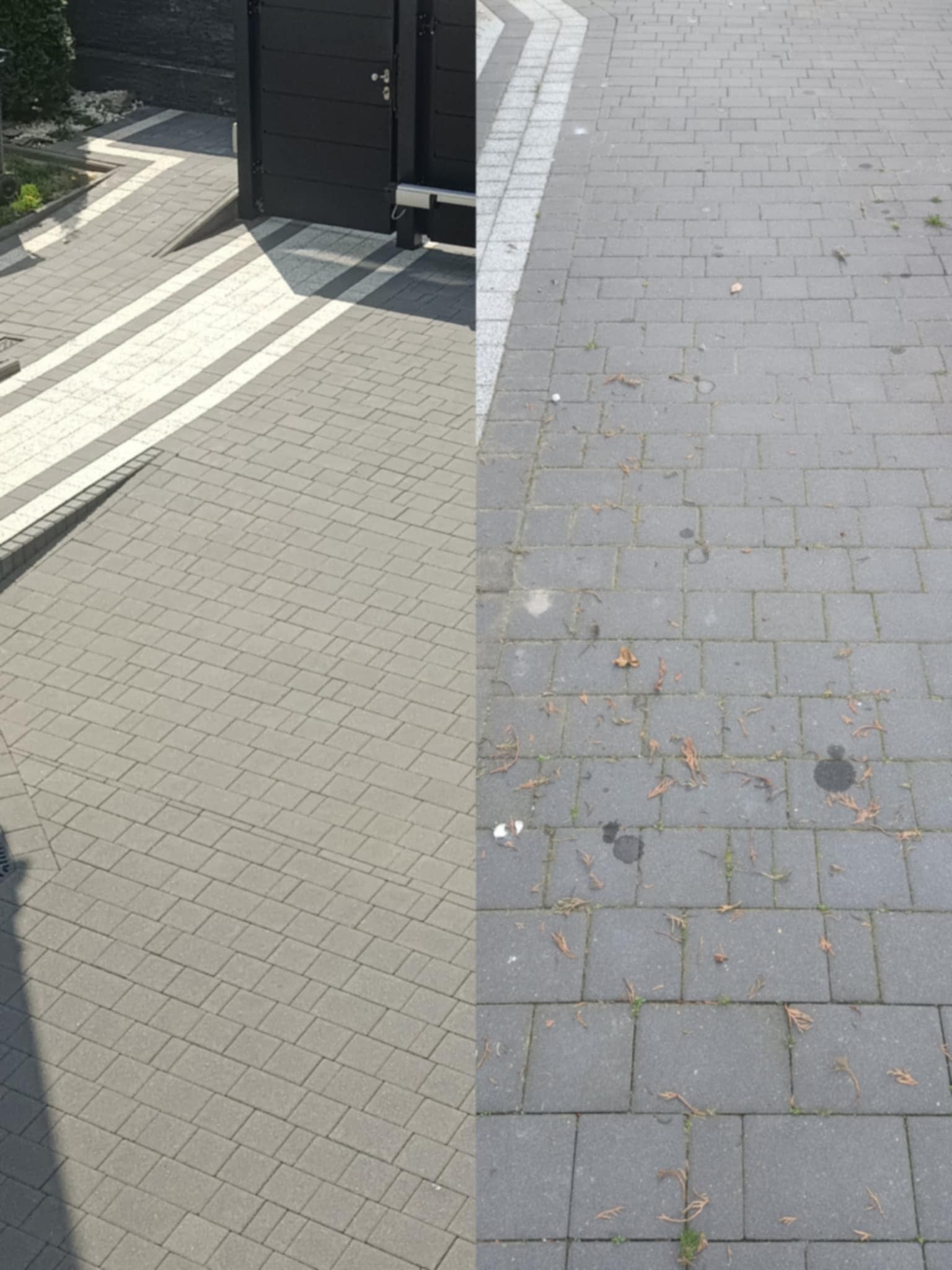 Porównanie: po lewej czysta, jasnoszara kostka brukowa z białymi pasami, po prawej zabrudzona, ciemniejsza kostka z plamami i igliwiem. Widok z góry.