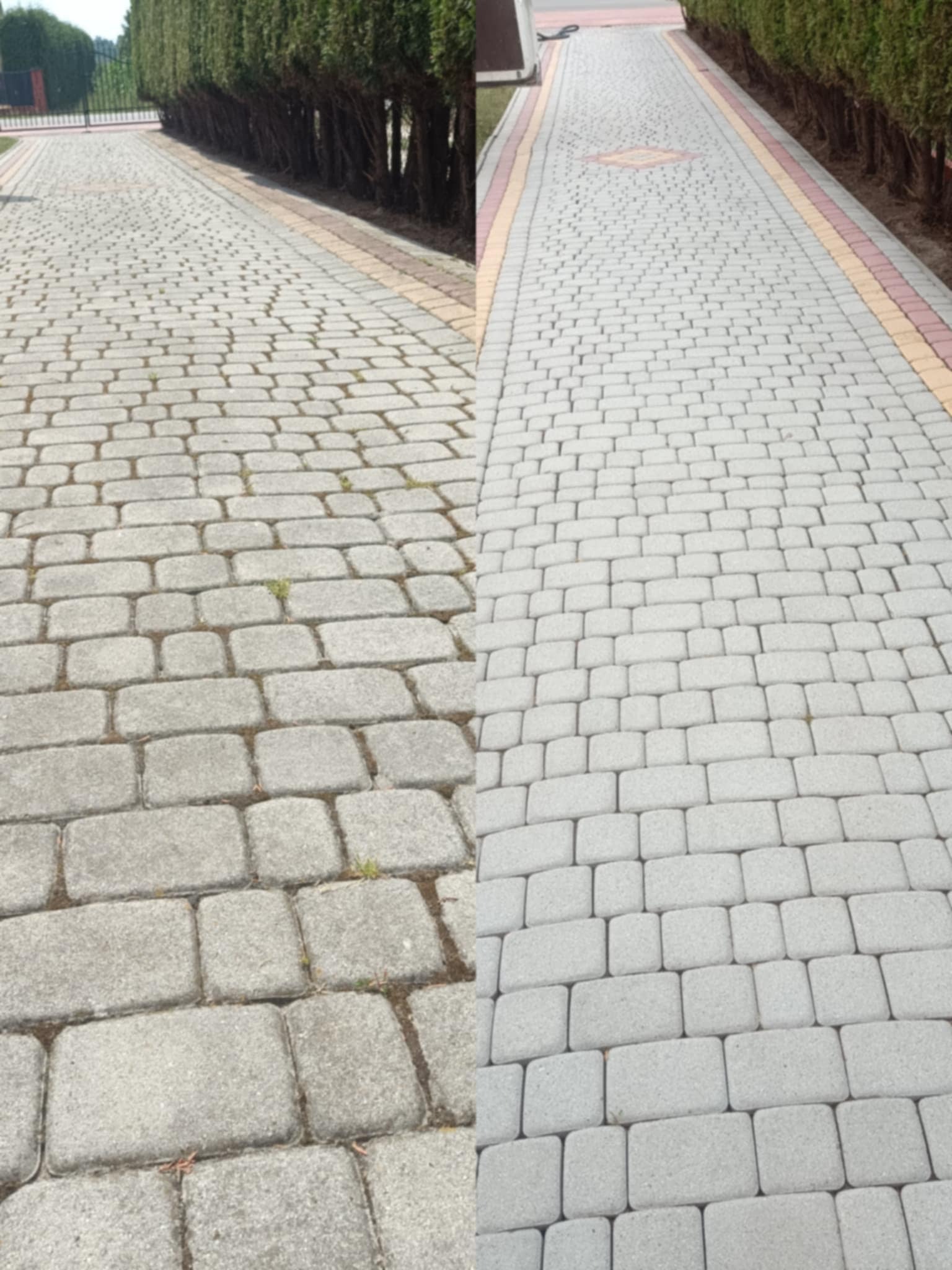 Efekt przed i po czyszczenia kostki brukowej na posesji z ozdobnymi krzewami. Lewa strona zabrudzona, prawa czysta, ukazująca różnicę po usłudze.