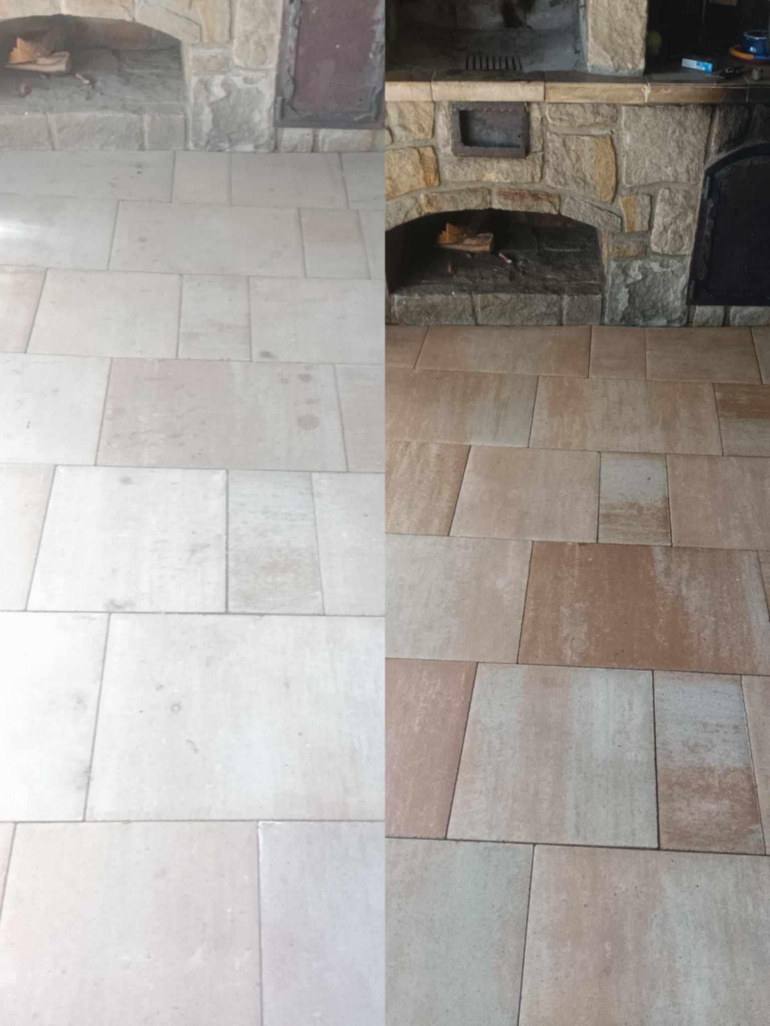 Kostka brukowa po czyszczeniu, widok na taras z kamiennym kominkiem, efekt przed i po. Część po prawej stronie jest czysta, po lewej brudna.