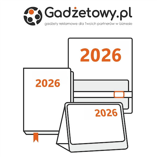 Zestaw kalendarzy na rok 2026: biurkowy, książkowy i ścienny, z logo firmy Gadżetowy.pl w Józefowie. Idealne gadżety reklamowe dla biznesu.