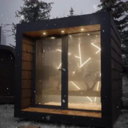Nowoczesna, modułowa sauna z przeszkleniami i oświetleniem LED, otoczona zimowym krajobrazem. Widoczne osoby wewnątrz. Ścieżka z drewnianych pniaków prowadzi do wejścia.