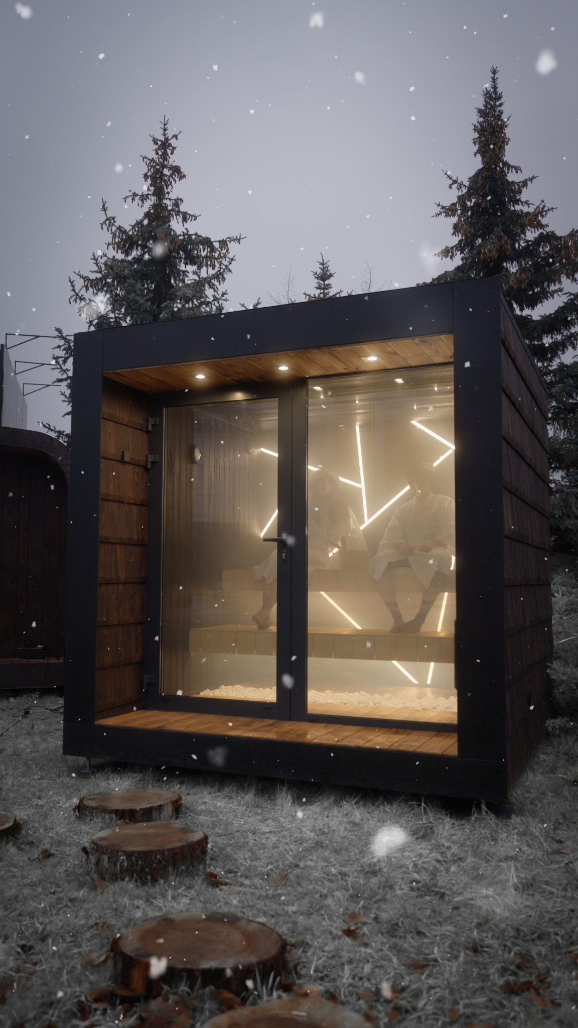 Nowoczesna, modułowa sauna z przeszkleniami i oświetleniem LED, otoczona zimowym krajobrazem. Widoczne osoby wewnątrz. Ścieżka z drewnianych pniaków prowadzi do wejścia.