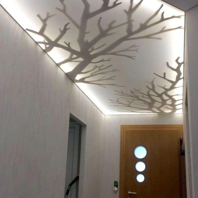 Nowoczesny korytarz z podświetlanym sufitem z motywem drzewa. Gładkie, białe ściany i drewniane drzwi z okrągłymi przeszkleniami. Minimalistyczny design.